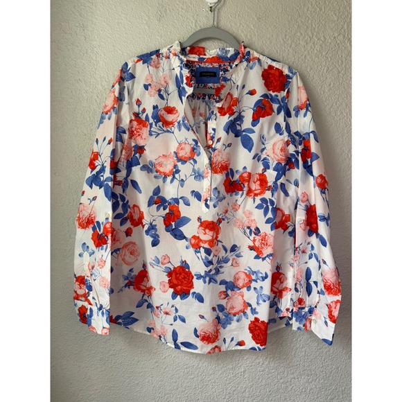 Talbots Tops - Talbots Womens Red Blue Floral Rose Print Cotton Roll Tab Sleeve Blouse Top